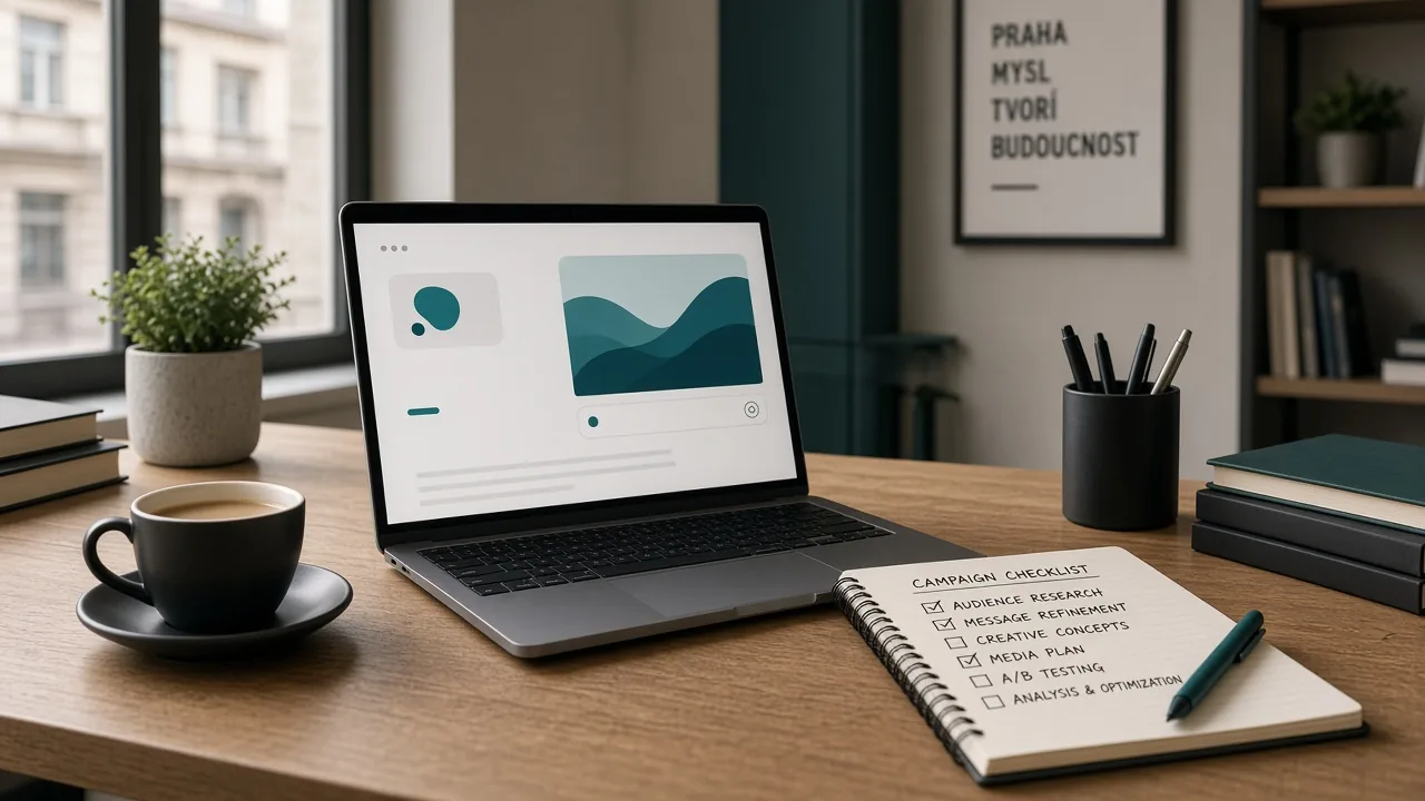 Pracovní stůl s notebookem a checklistem kampaní — příprava OpenAI Ads a reklam v ChatGPT