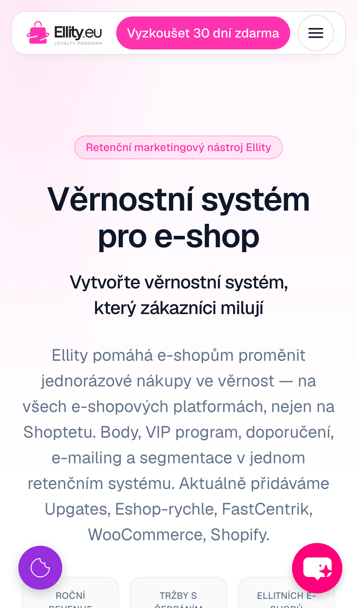 Domovská stránka webu Ellity v mobilním zobrazení