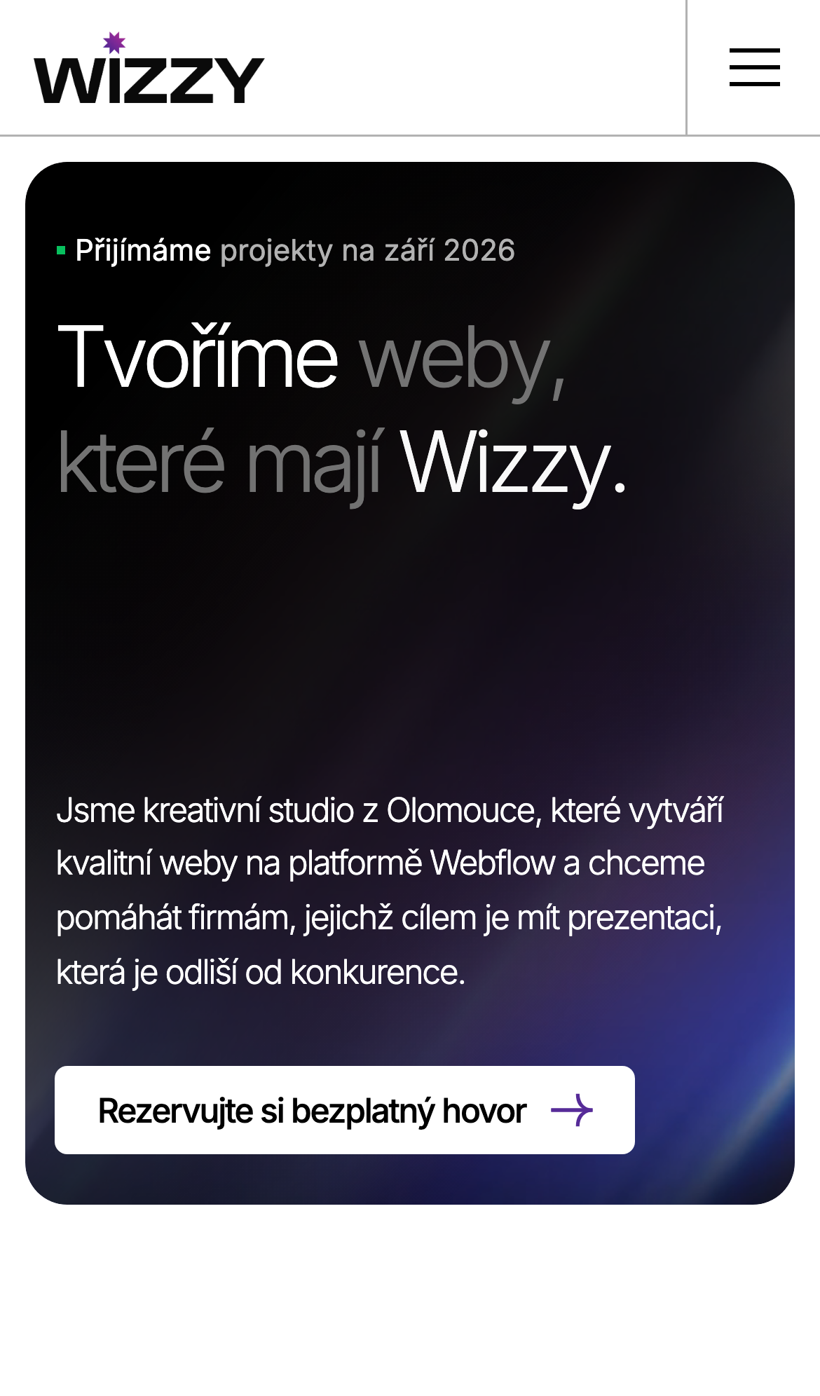 Domovská stránka webu Wizzy v mobilním zobrazení